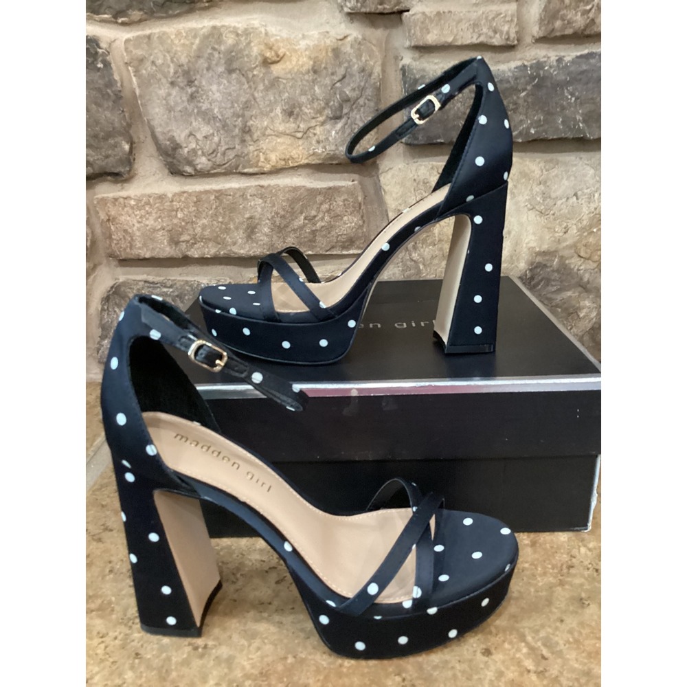 Madden Girl Cady Womens Size 9.5 Black White Polka Dot Platform Block Heel New